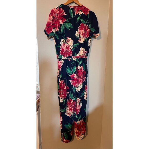 Lulus Size M Floral Surplice Jumpsuit Navy Blue Red Flower Tropical Tie Waist - Picture 11 of 12